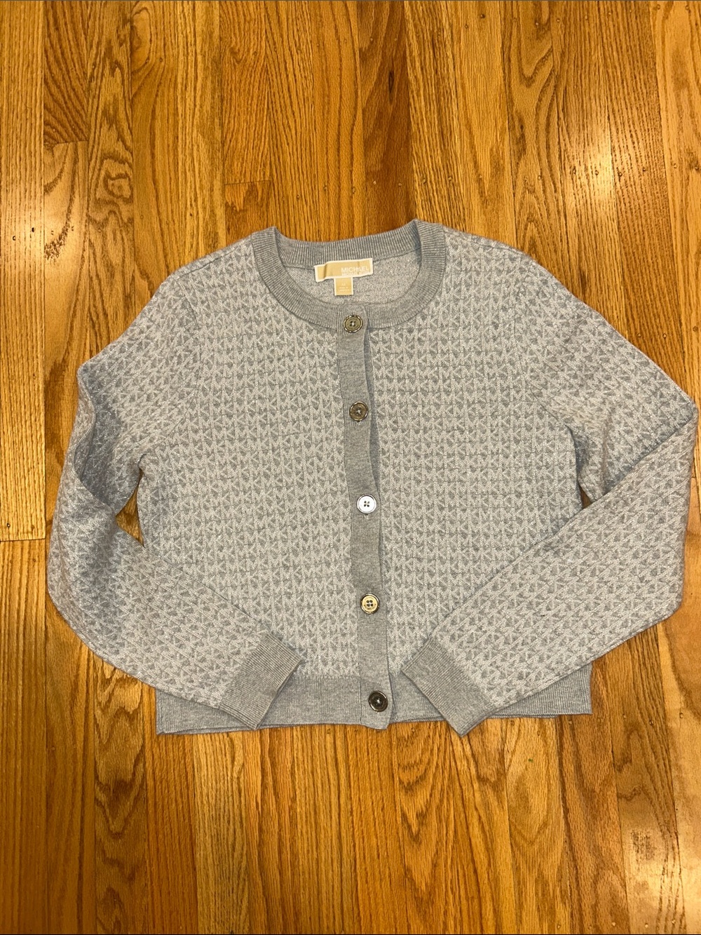 NWT Michael Kors Light Gray & Silver Textured Button Cardigan 
Size Medium